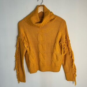 LU NYC Mustard Cowell Neck Fringe Sweater